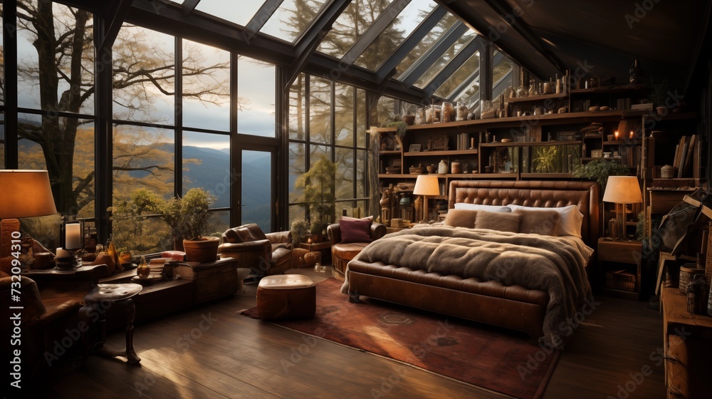 A rustic guest room with a leather sofa, a wood bed, a plaid quilt, and a skylight with a clear view of the sky A rustic guest room with a leather sofa, a wood bed, a plaid quilt, and a skylight with a clear view of the sky