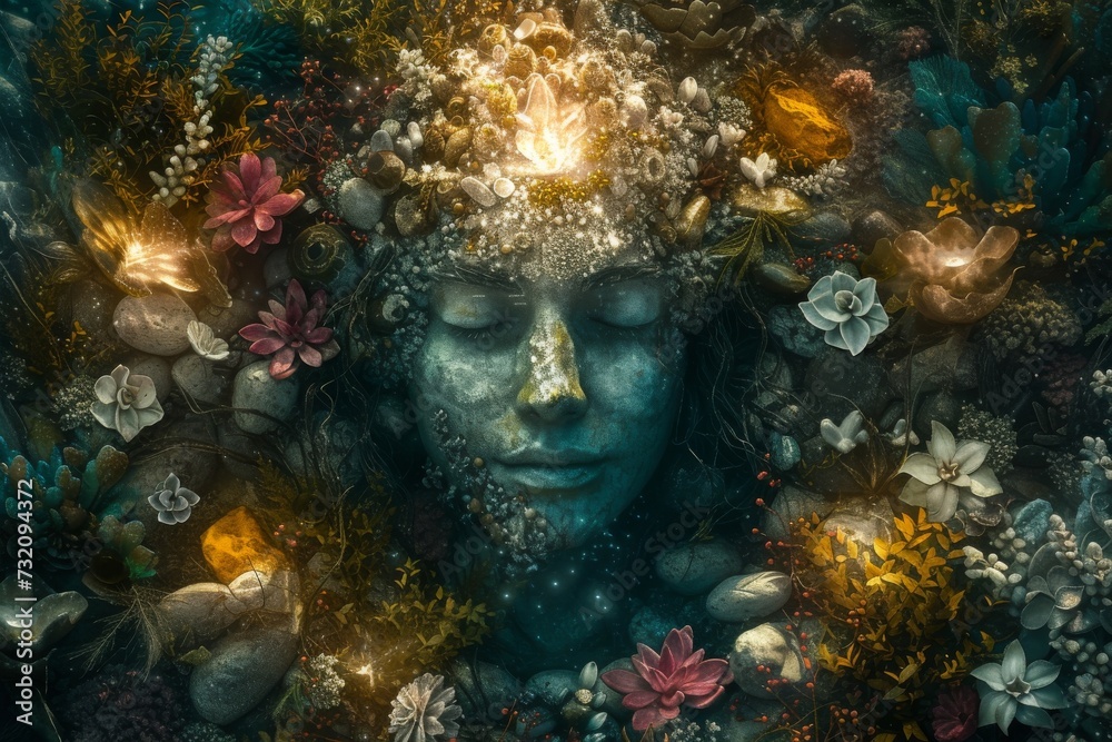 A surreal underwater masterpiece captures the delicate balance between nature and human intervention as a rocky visage emerges from a vibrant reef of blooming flowers in this thought-provoking painti A surreal underwater masterpiece captures the delicate balance between nature and human intervention as a rocky visage emerges from a vibrant reef of blooming flowers in this thought-provoking painti