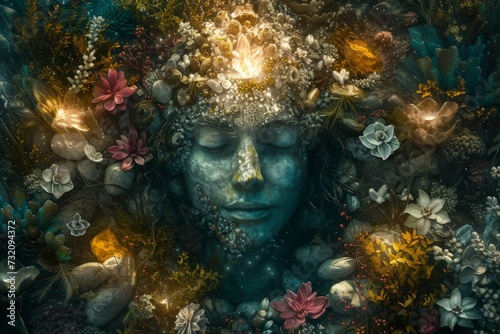 A surreal underwater masterpiece captures the delicate balance between nature and human intervention as a rocky visage emerges from a vibrant reef of blooming flowers in this thought-provoking painti © ChaoticMind
