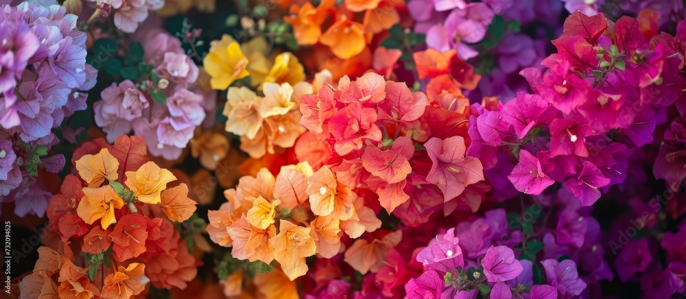 Fototapeta premium There is a row of various colored flowers, including magenta, in an arrangement. These flowers belong to the rose family and are cut flowers often used in flower arranging.