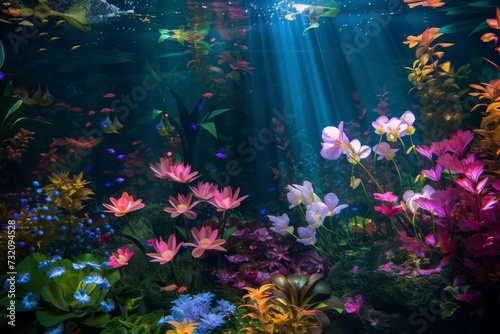 A vibrant underwater world teeming with life as a colorful fish and delicate flowers thrive in a peaceful aquarium reef
