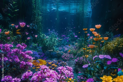 Immerse yourself in the vibrant beauty of an underwater garden, where a delicate flower blooms among the diverse marine organisms and tranquil blue waters of the aquarium