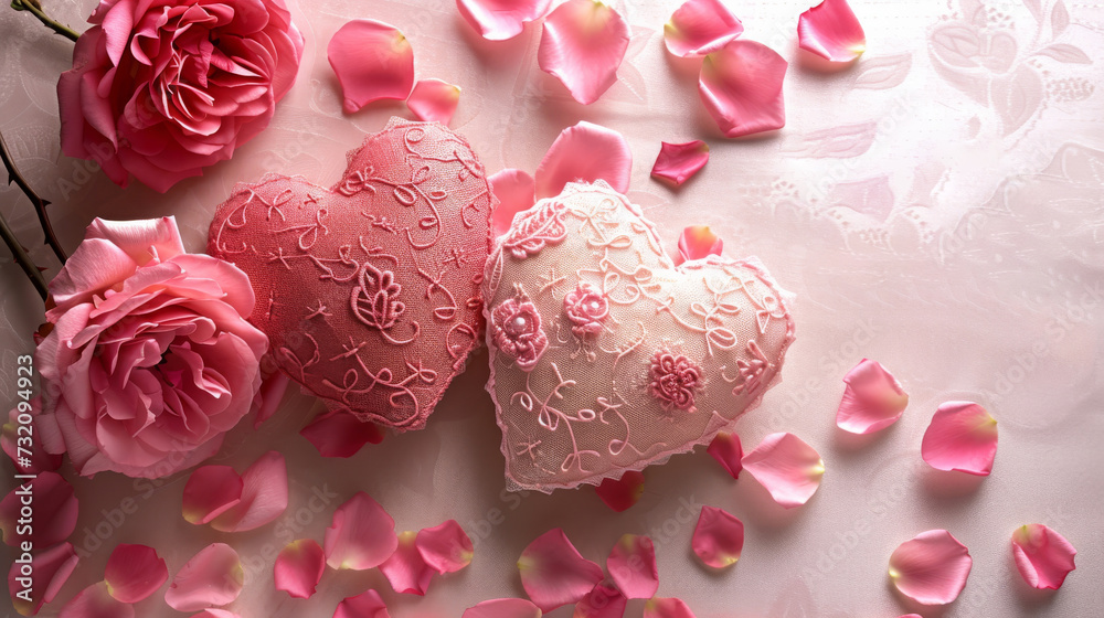 Love blooms in a pink garden, as two hearts intertwine among delicate rose petals on a cozy indoor setting, celebrating the beauty of valentine's day Love blooms in a pink garden, as two hearts intertwine among delicate rose petals on a cozy indoor setting, celebrating the beauty of valentine's day