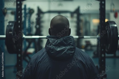 A determined figure clad in a sleek black jacket lifts heavy weights on outdoor exercise equipment, harnessing the power of weight training to build strength