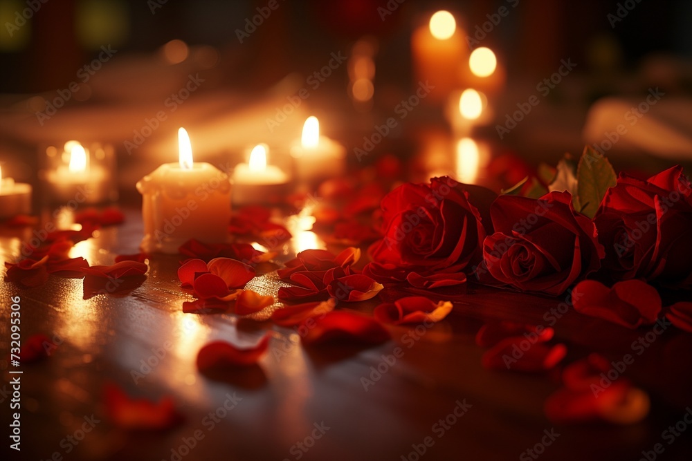 A romantic table setting for two, with red rose petals scattered around elegant candlelight, creating a cozy and intimate Valentine's Day atmosphere.