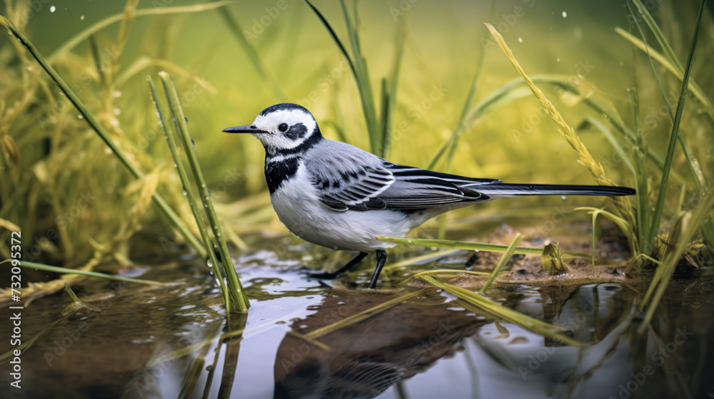 A small wagtail bird sits in the grass A small wagtail bird sits in the grass