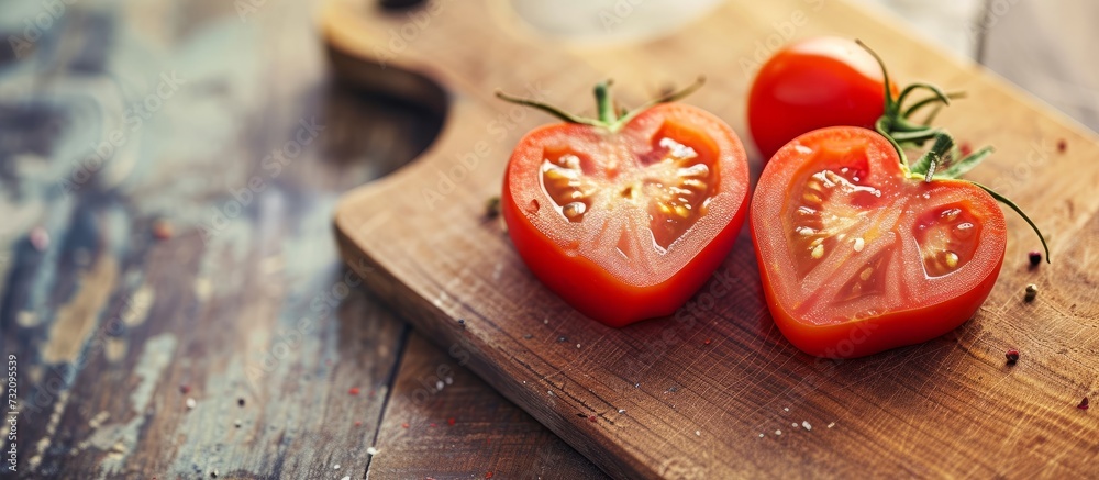 Two plum tomatoes, halved, ready to be used as a natural ingredient in your food recipe on a wooden cutting board. Two plum tomatoes, halved, ready to be used as a natural ingredient in your food recipe on a wooden cutting board.