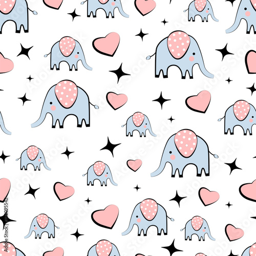Seamless pattern with elephants on white background