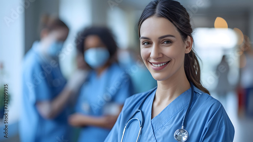A confident female healthcare worker with a stethoscope smiles at the camera while her colleagues engage in the background of a brightly lit hospital