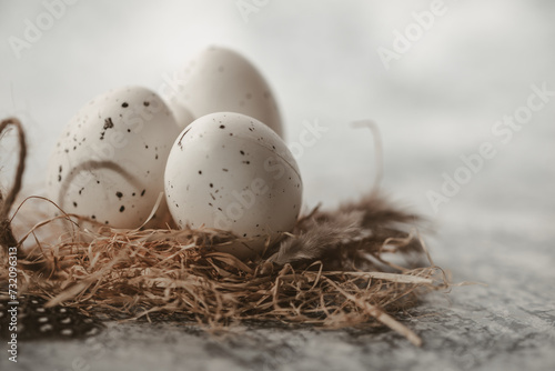 Basket of quail eggs,easter eggs in nest with easter decoration, copy space,selective focus, eggs arranged on hay against a blue background,happy easter 