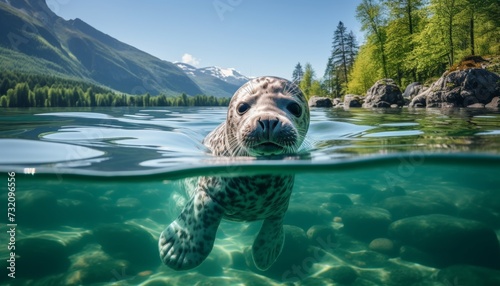 Young baikal seal, endemic species of earless seal on ice of lake baikal, siberia, russia photo