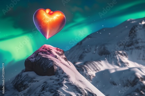 A vivid, luminous heart gently floating above a snow-draped mountain peak, with the Northern Lights casting an ethereal glow in the background.