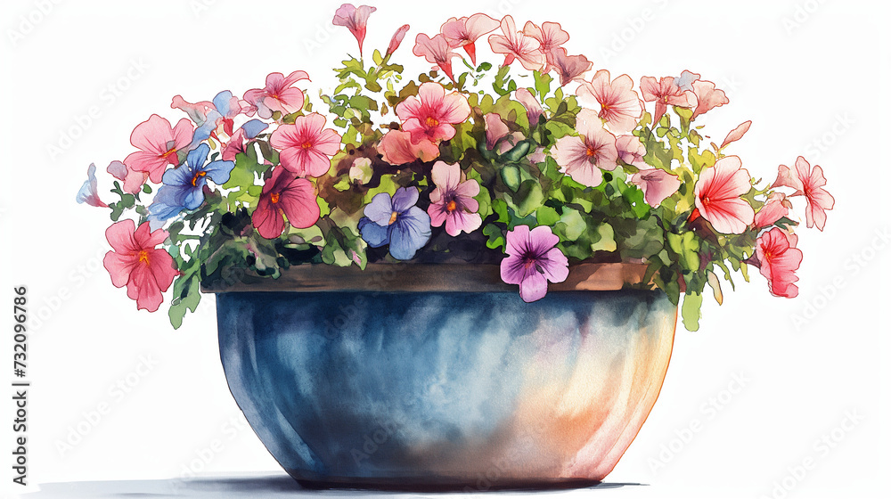 A Painting of a Potted Plant With Pink and Blue Flowers