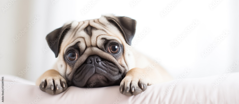 Sad little pug dog on sofa. Banner, isolated on white background. Copy space