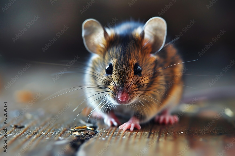 tiny house mouse on wooden floor closeup - obrazy, fototapety, plakaty 