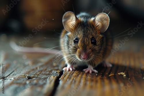 tiny house mouse on wooden floor closeup