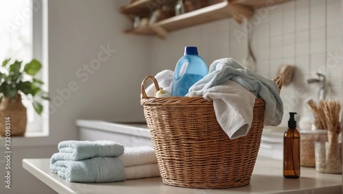 A wicker laundry basket filled with folded towels and bottles of detergent is placed on a table in a bright laundry room. photo