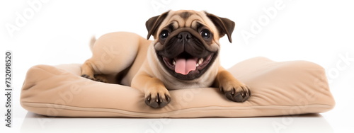 Happy smiling pug puppy lying on pet bed. Banner for pet shop, isolated on white background.  photo