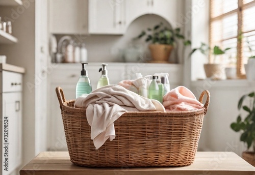 A wicker laundry basket filled with folded towels and bottles of detergent is placed on a table in a bright laundry room.