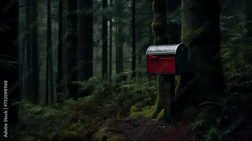 A red mailbox stands in a dense dark forest, copy space A red mailbox stands in a dense dark forest, copy space