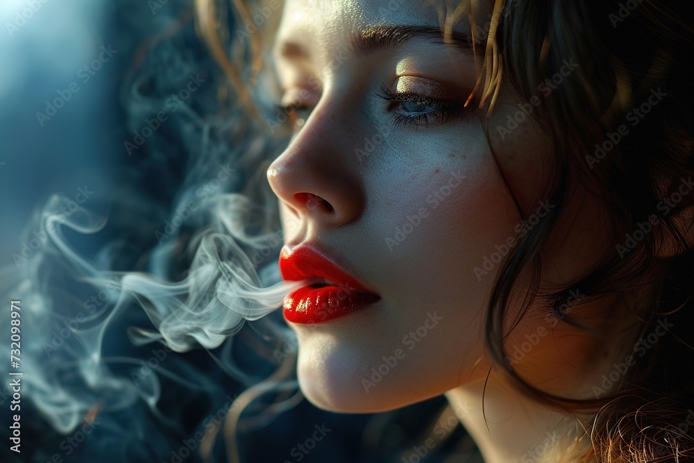 closeup portrait of a beautiful young woman with red lipstick on her lips exhaling cigarette smoke