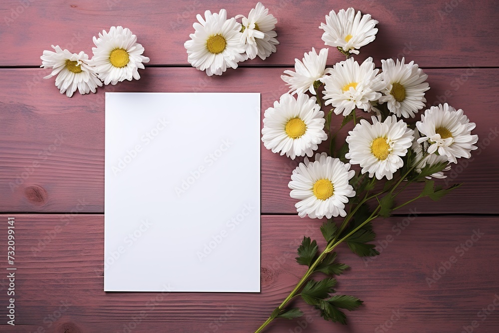 Obraz premium mockup white blank paper sheet with white daisies flowers top view on painted wooden background, floral template empty card flat lay for design with copy space