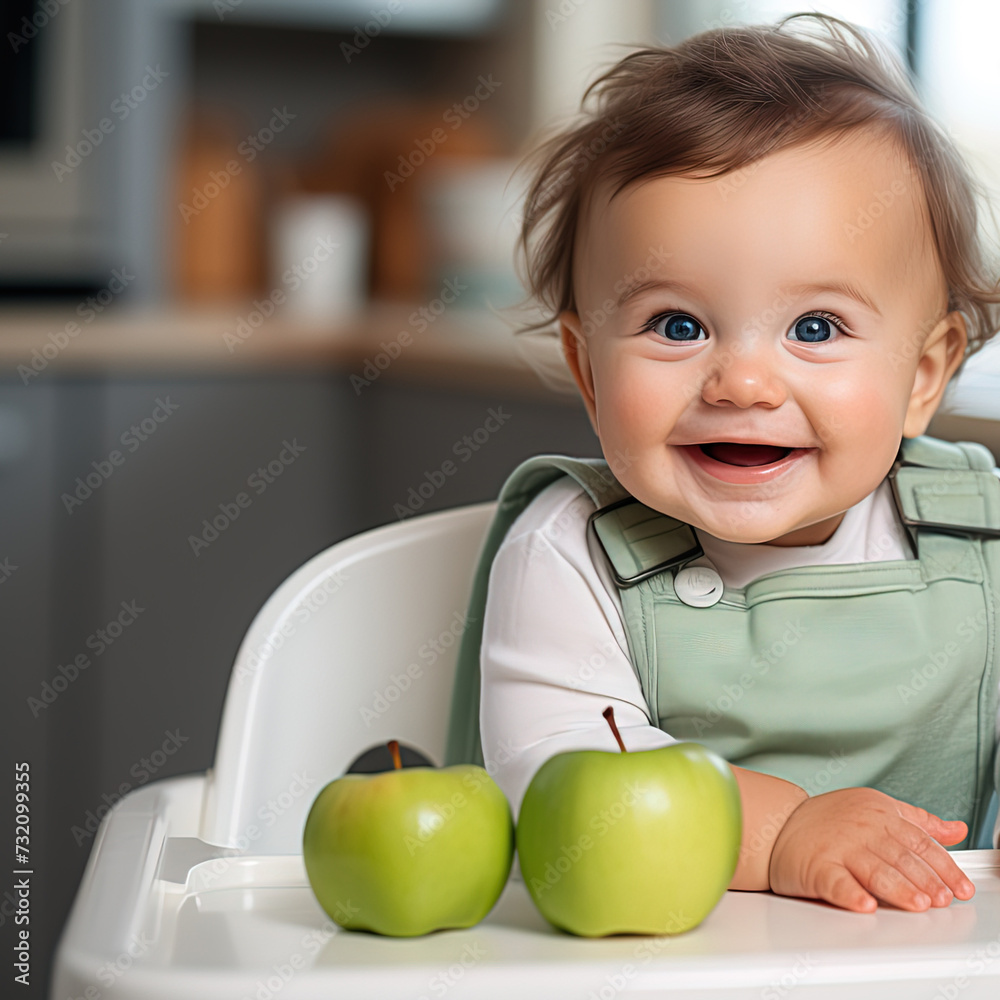 happy little cute smiling baby sitting at white high chair with green apples happy little cute smiling baby sitting at white high chair with green apples