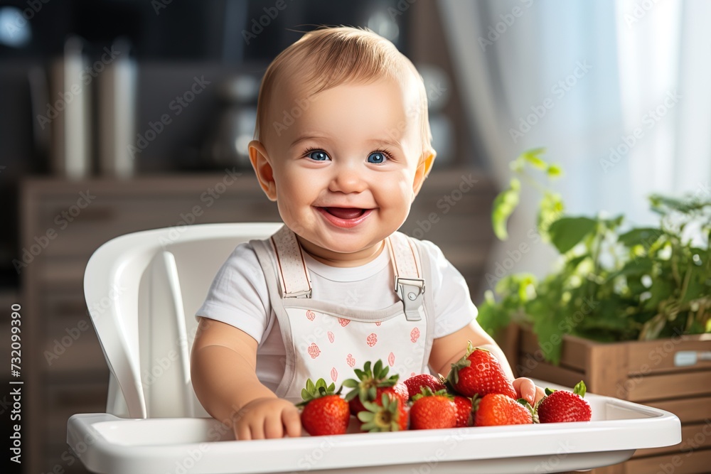 happy little cute smiling baby sitting at white high chair with strawberries in kitchen happy little cute smiling baby sitting at white high chair with strawberries in kitchen