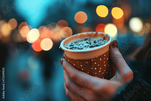 closeup of female hand holding a paper cup of hot drink takeaway coffee or tea on cold evening city street blurred bokeh background