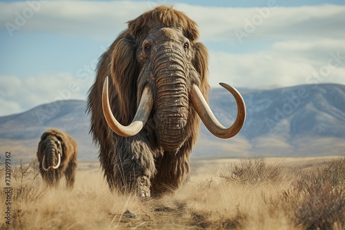 Woolly mammoth walking in a steppe