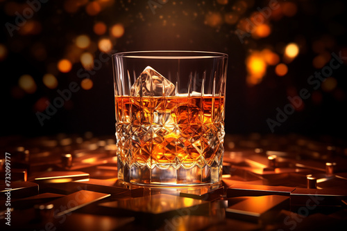 Whiskey, scotch, cognac, brandy, booze ice cube coctail liquor rum drinking high alcohol irish nightclub spirit glass. banner copy space poster background