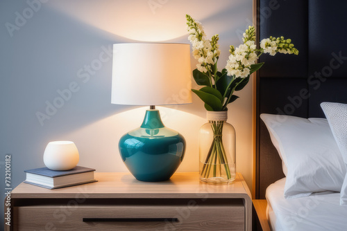 A lamp and flowers on the bedside table in the bedroom. Home interior in a modern style. © Anna