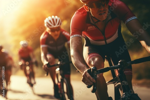 Vibrant close-up of professional cyclists in racing gear on scenic open road cycling route
