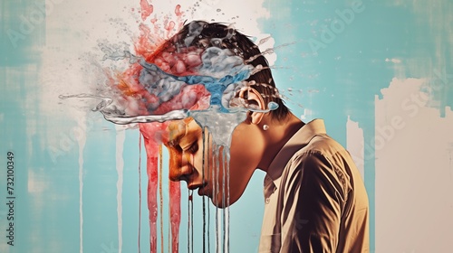 Abstract art of a man bowing his large head. Generated by AI