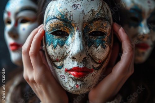 Fake emotion, character roles, intricate interplay of masks, moods, psychological defense mechanisms performed role-playing, concealing false visage for defense, theater Psychology psychoanalysis. 