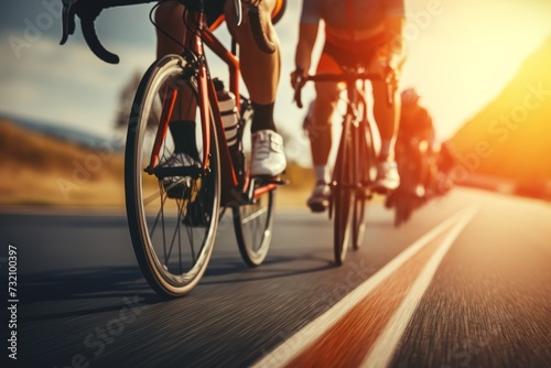 Group of professional cyclists with racing gear riding on an open road cycling route photo