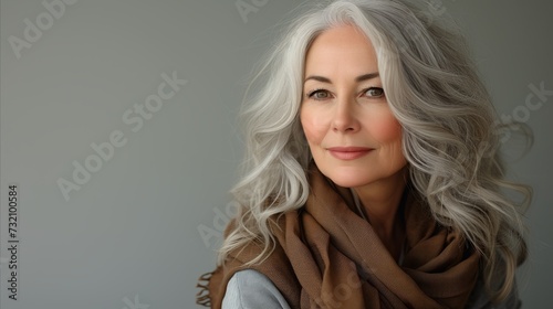 Serene Middle-Aged Woman With Silver Hair Posing in Soft Light