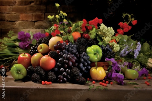 Assorted fresh fruits arranged in exciting compositions with vibrant colors and textures