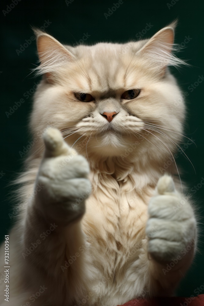 Fluffy White Cat With Raised Paws show thumbs up Fluffy White Cat With Raised Paws show thumbs up