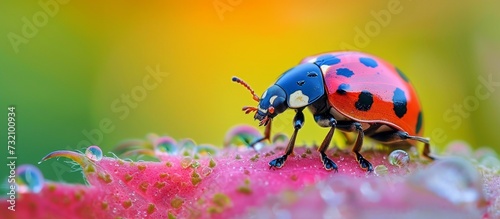 An electric blue ladybug, a type of beetle and insect, perches on a pink flower adorned with water droplets, providing an exquisite view for macro photography enthusiasts. © AkuAku