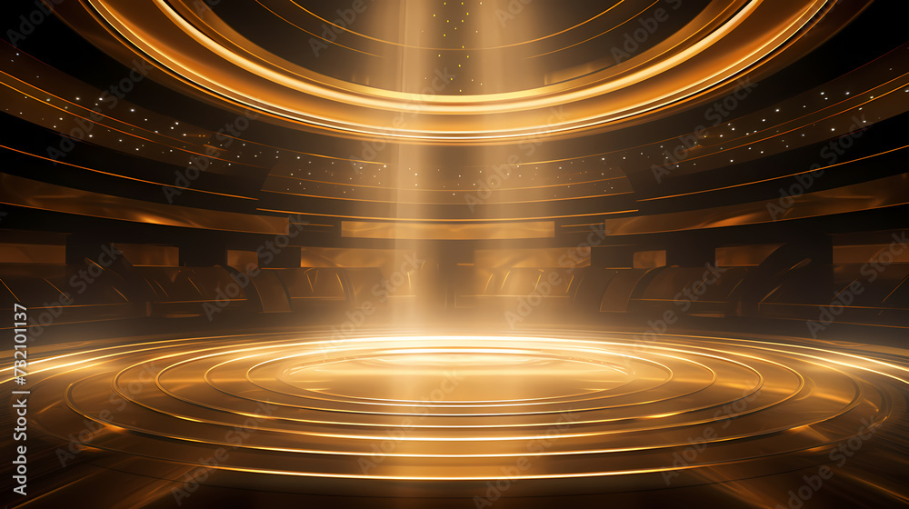 Luxurious and futuristic golden empty stage, golden particles background in stage shape