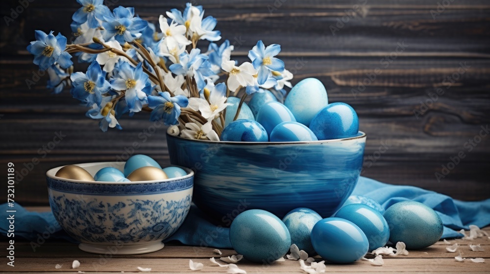 Traditional Easter colored eggs. The table is set for the holiday in blue tones. napkin and plate with treats. Traditional Easter colored eggs. The table is set for the holiday in blue tones. napkin and plate with treats.