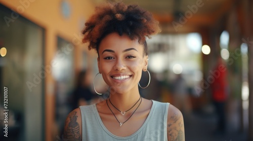 young black, african american woman with tattoo smiles. portrait of a generation Z girl. drawing on the skin.