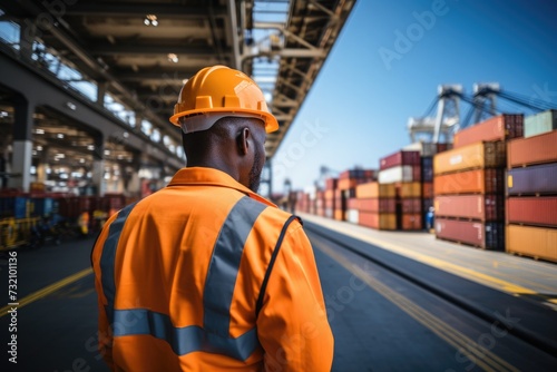 a black, African American man in uniform stands with his back turned in a warehouse at the port. the engineer controls