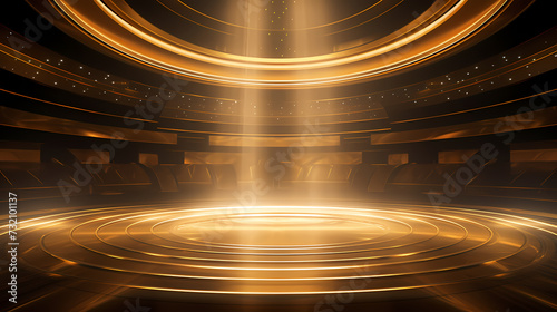 Luxurious and futuristic golden empty stage, golden particles background in stage shape photo