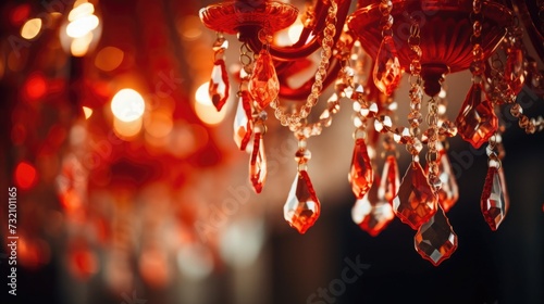 Crystal chandelier close-up. red light glitter and bokeh texture or background. luxury life. Selective focus