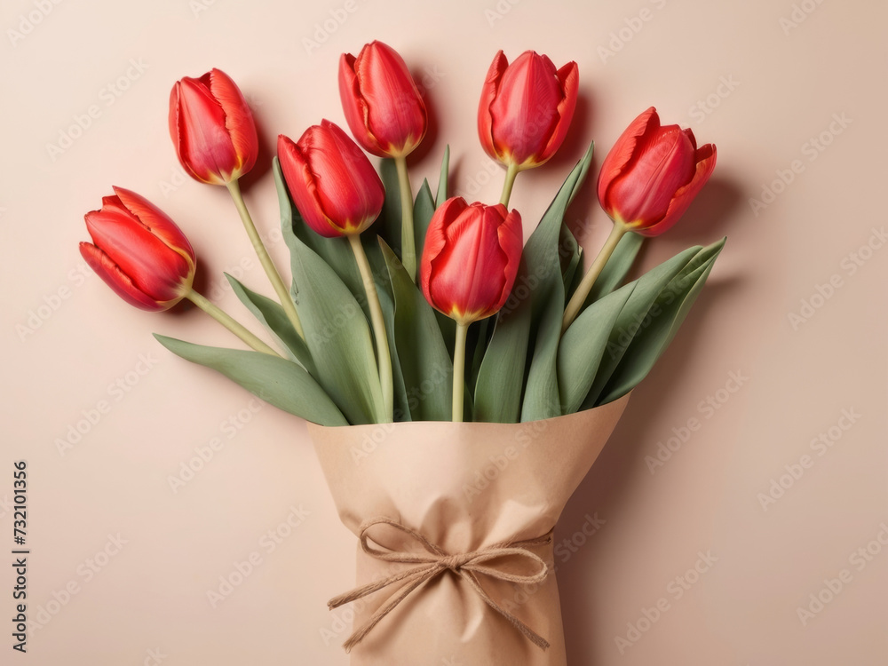 Beautiful red tulips in craft paper on beige pastel background with copy space, spring time, mother's day.