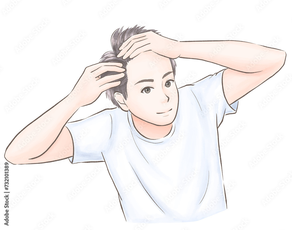髪をかき上げて生え際を確認する男性 水彩風 髪をかき上げて生え際を確認する男性 水彩風
