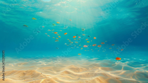 Soft gradients of cool tones reminiscent of a dreamy dive into the depths of a crystal clear ocean where sunlight dances on the sandy bottom and shoals of colorful fish dart photo