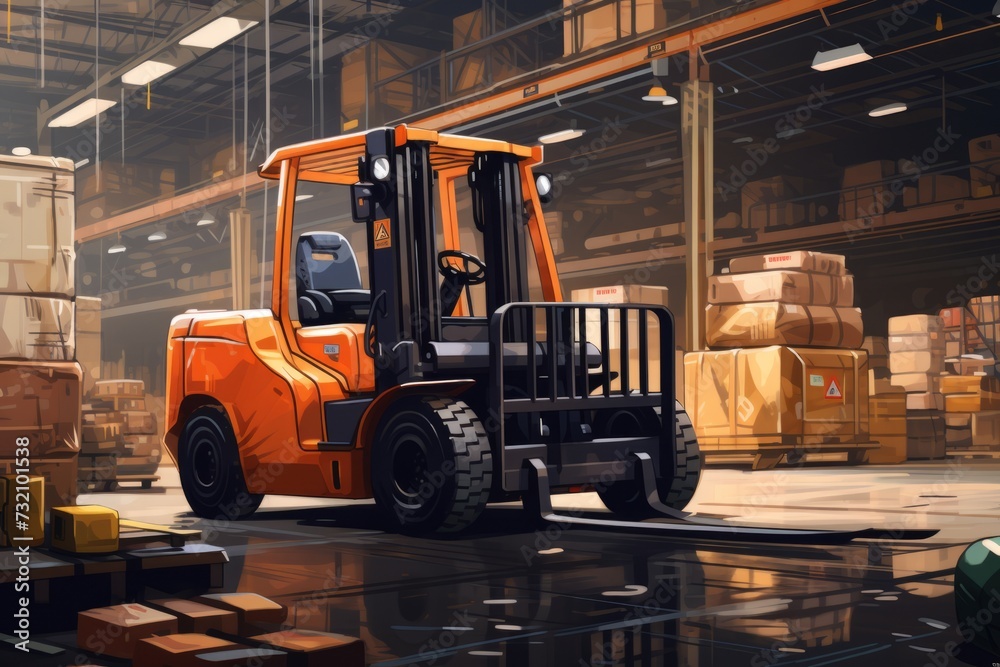Orange Forklift in Warehouse With Pallets